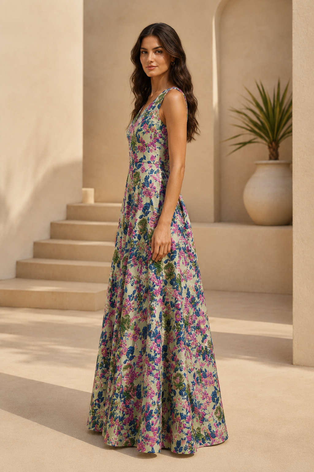 Vestido maxi de línea A de jacquard floral