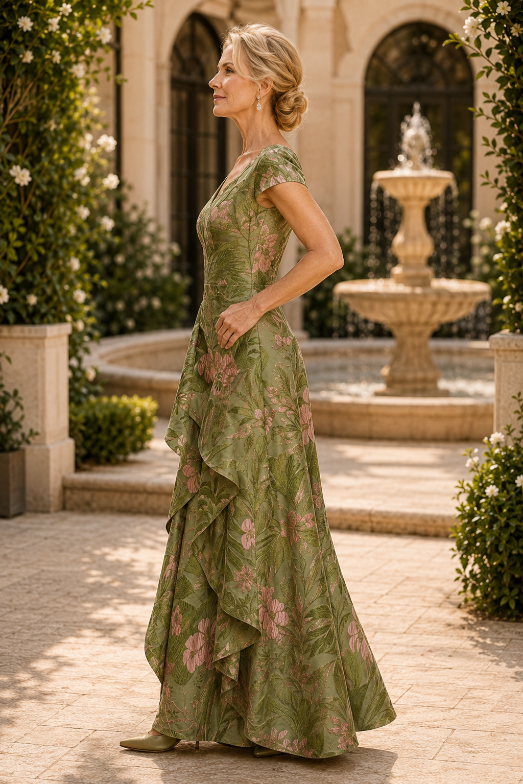 Vestido de jacquard floral con línea A y volante en cascada