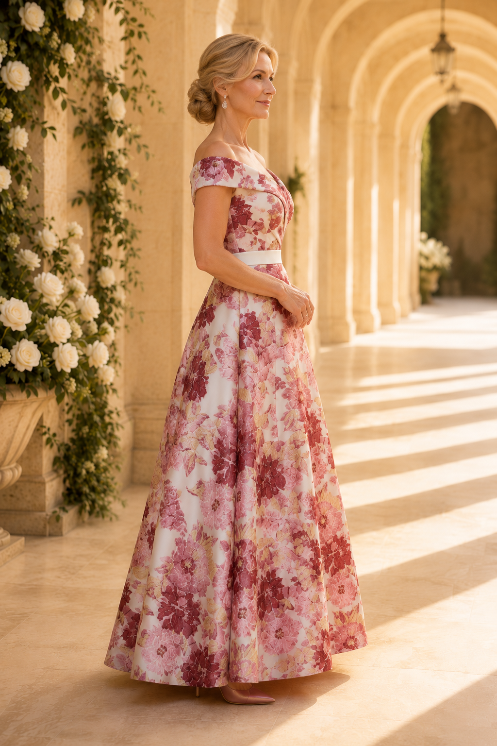 Vestido de noche con estampado floral, escote de hombros descubiertos y silueta A, con cintura ajustada
