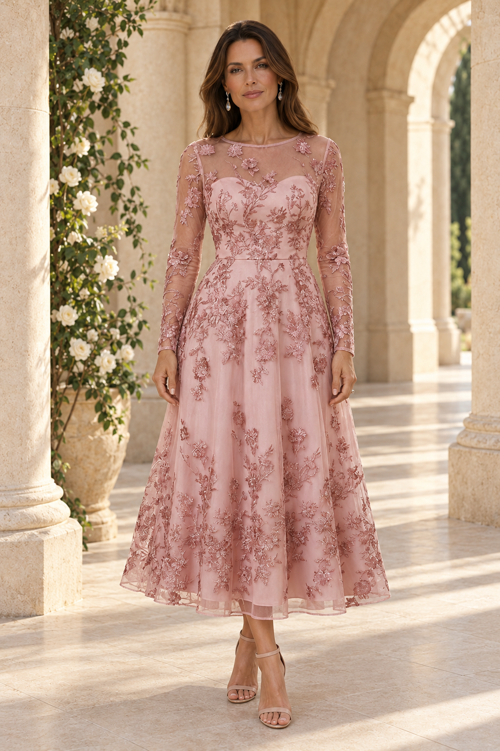 Vestido midi con cuello ilusión y bordado floral