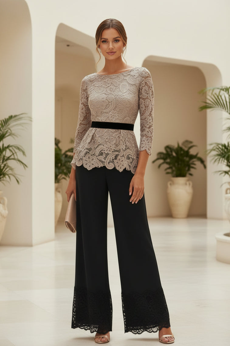 Conjunto de blusa peplum de encaje y pantalón ancho de gasa