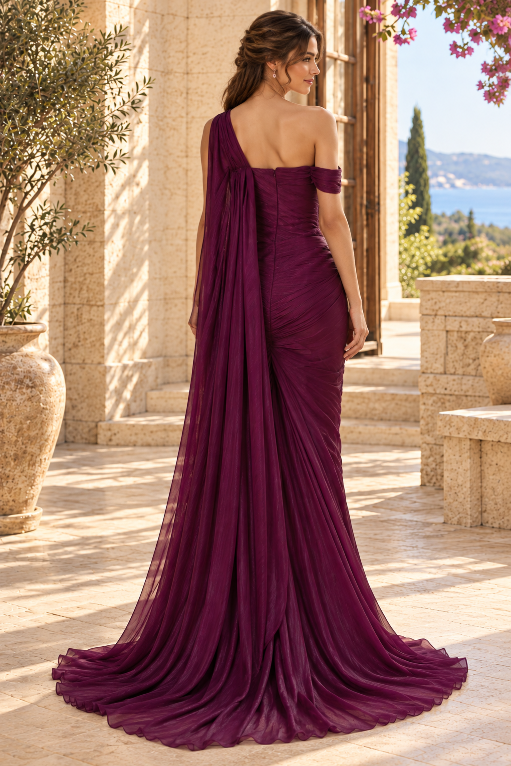 Pleated Asymmetrical Gown with Drape Cape