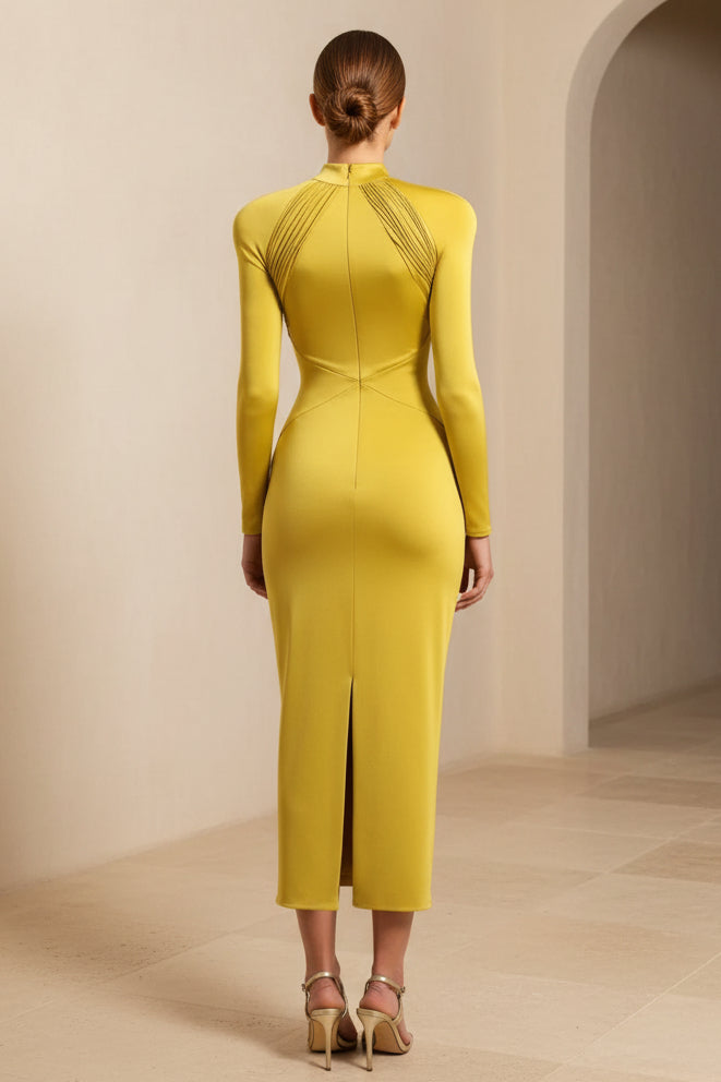 Vestido Midi Ajustado de Manga Larga con Cuello Alto y Abertura