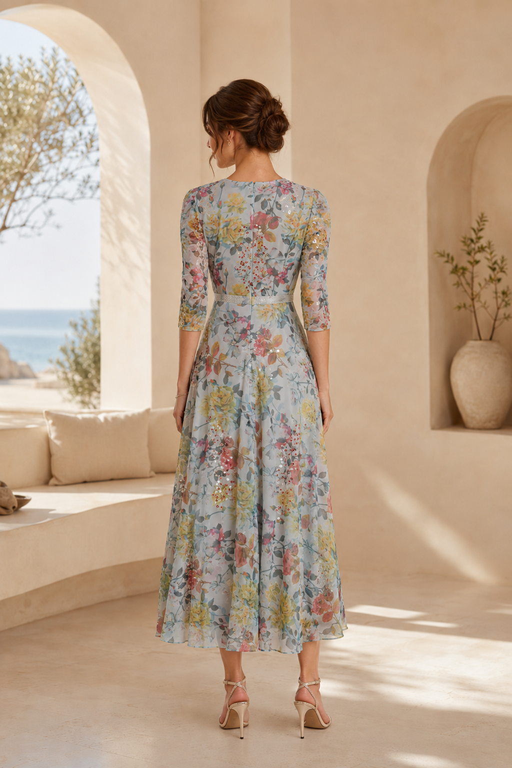 Vestido Midi Floral de Lentejuelas con Mangas 3/4