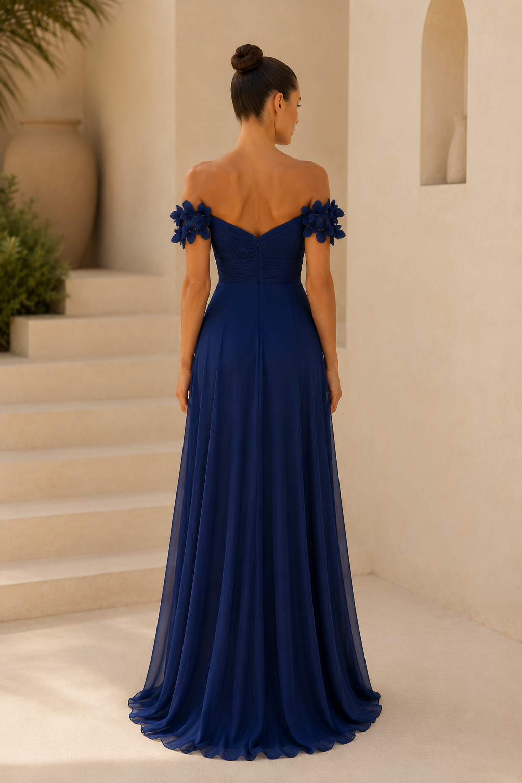 Vestido de Noche de Gasa con Hombros Descubiertos y Flores 3D