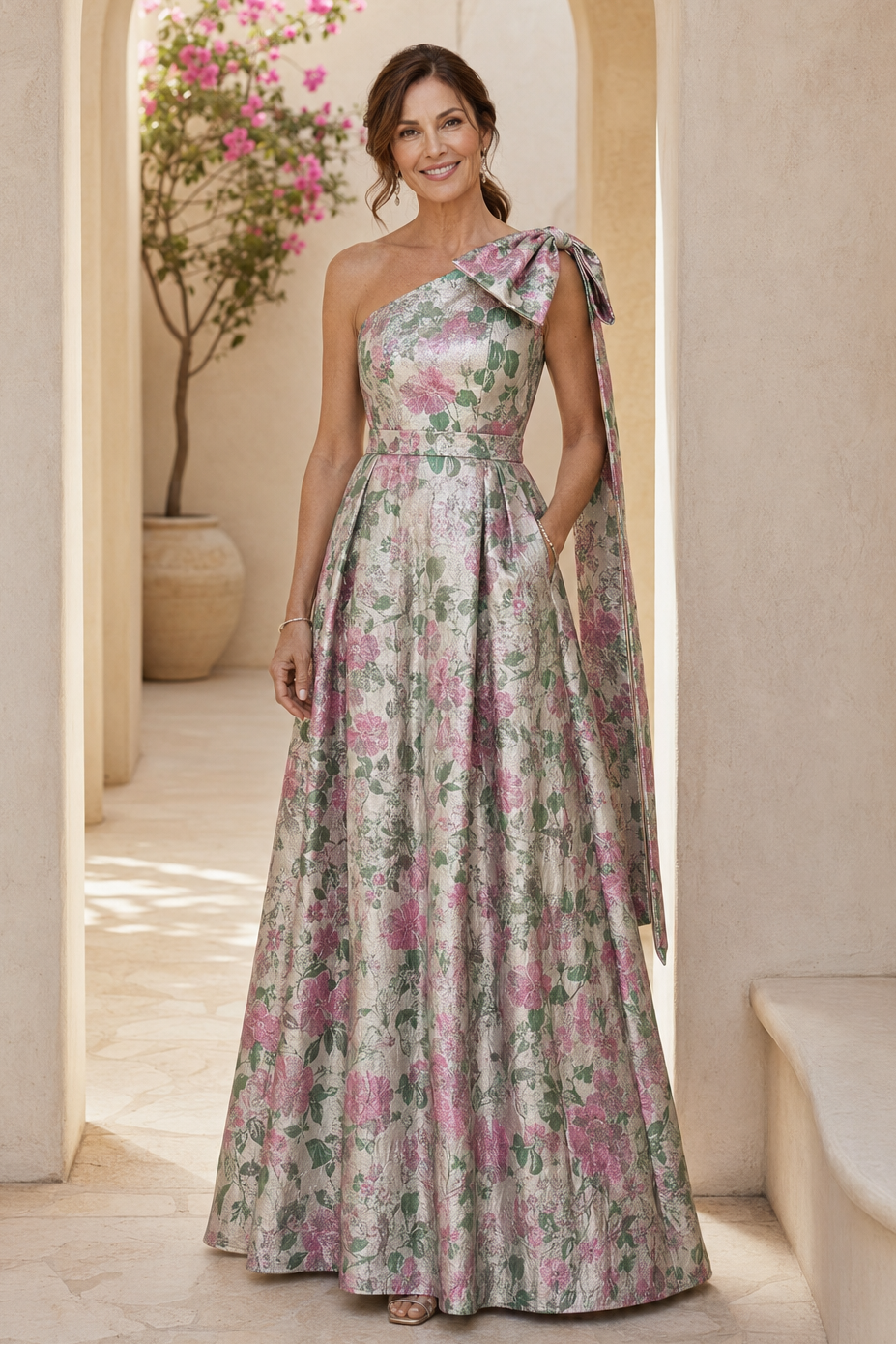 Vestido largo con diseño floral de jacquard, un solo hombro y corte en A