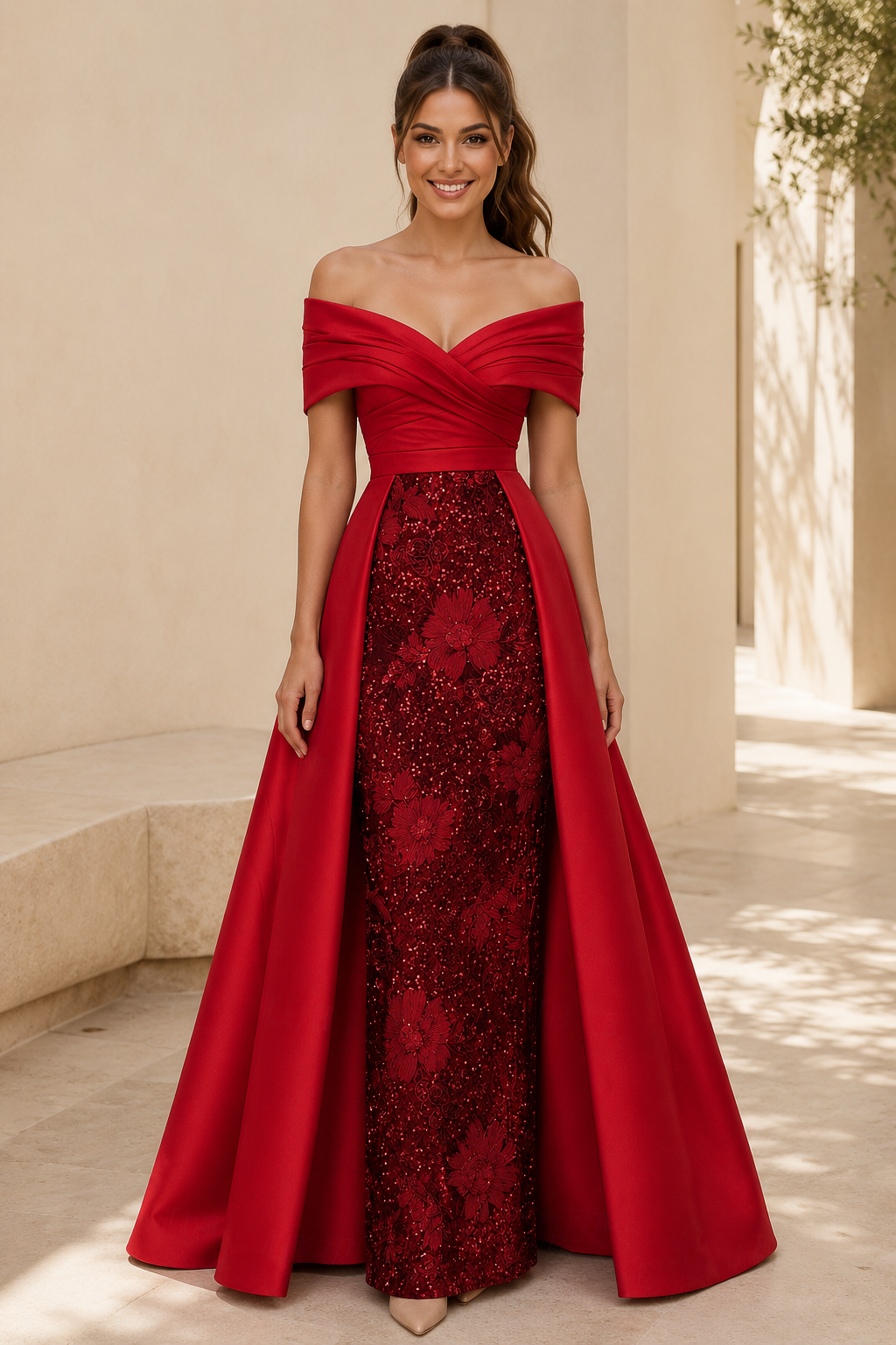Vestido con hombros descubiertos y falda de lentejuelas florales