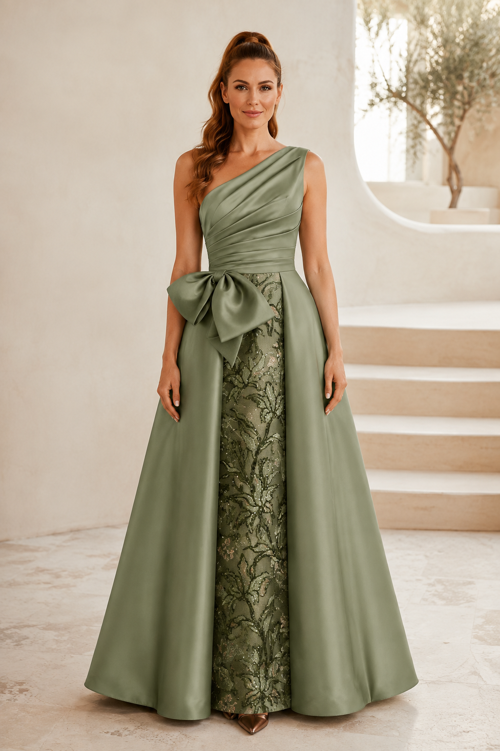 Vestido Plisado con un Solo Hombro, Falda de Lentejuelas y Lazo