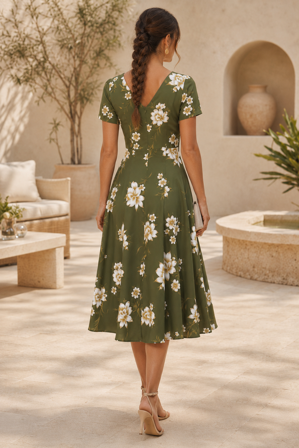 Vestido Midi Floral de Manga Corta y Cuello en V