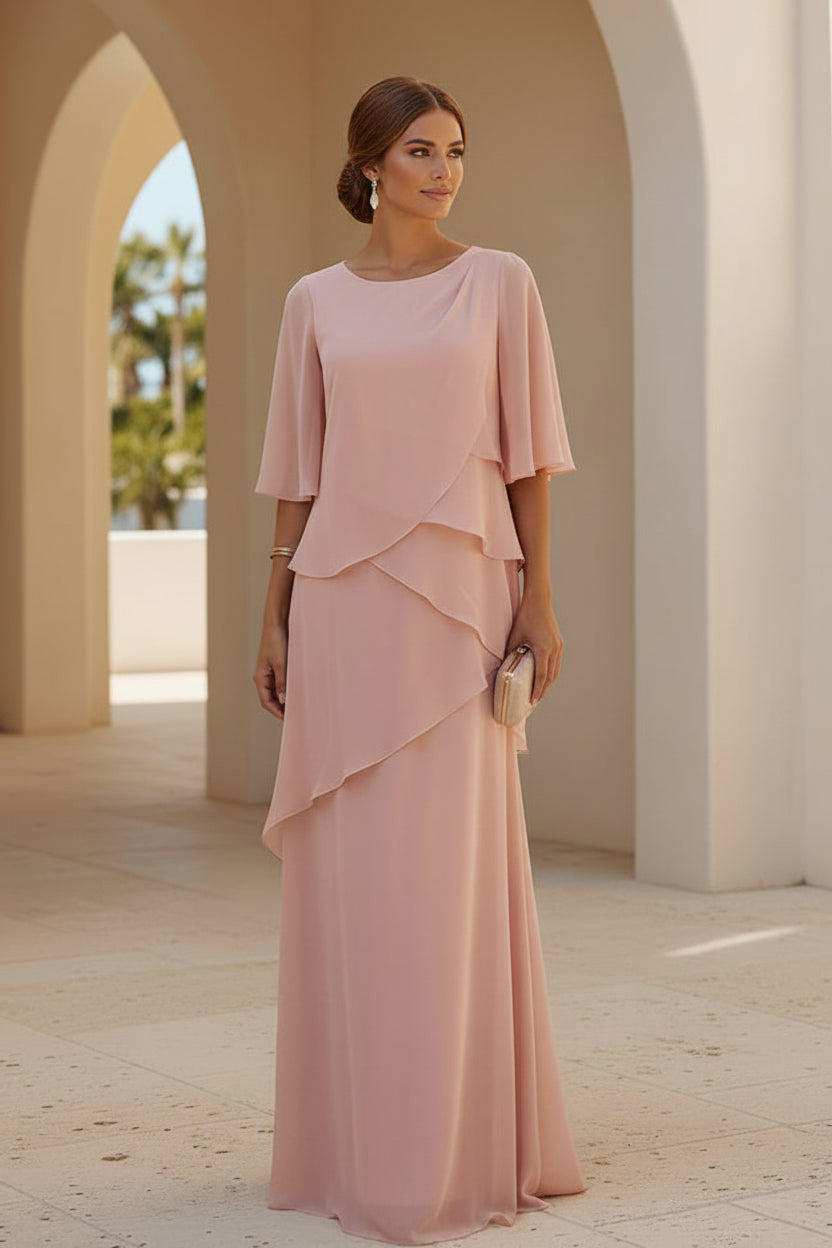 Vestido largo de fiesta de gasa con volantes y mangas escalonadas