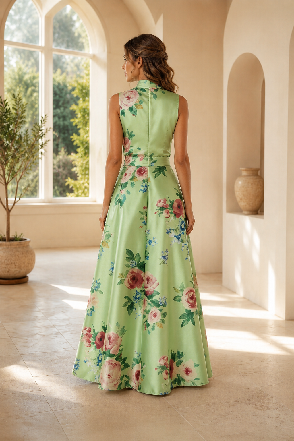 Vestido maxi acampanado de satén con estampado floral y cuello alto