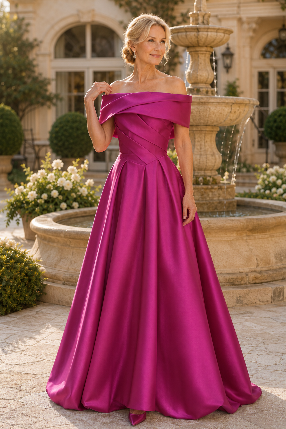 Vestido de satén plisado con hombros descubiertos y corte en A