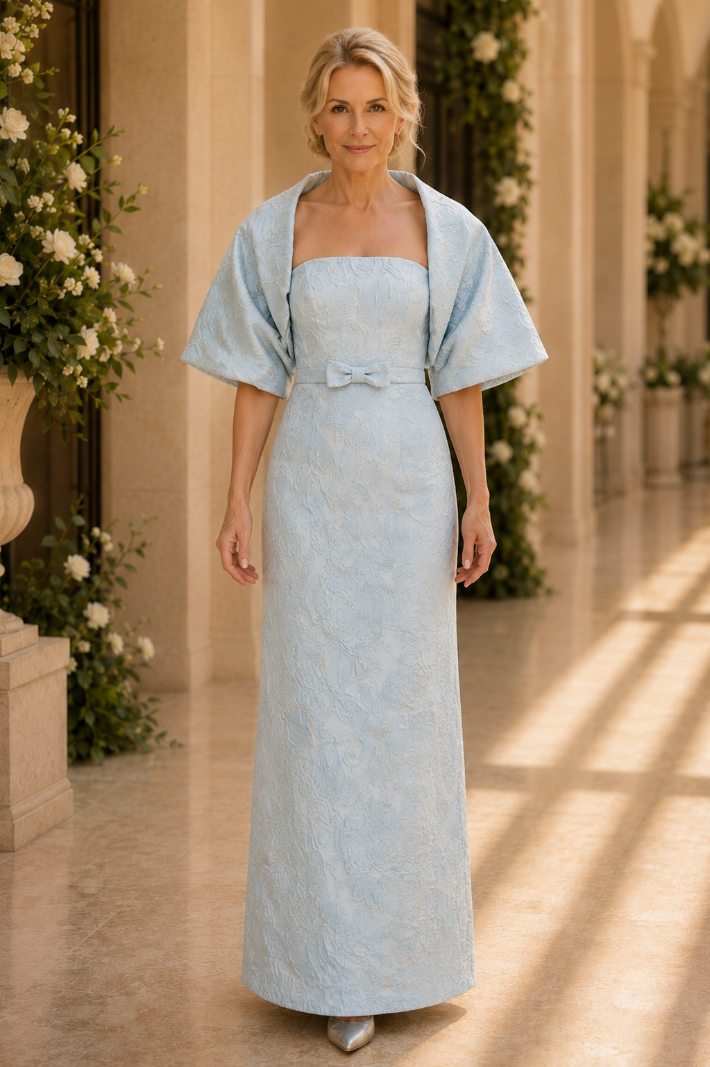 Vestido Columna de Jacquard con Capelina y Detalle de Lazo