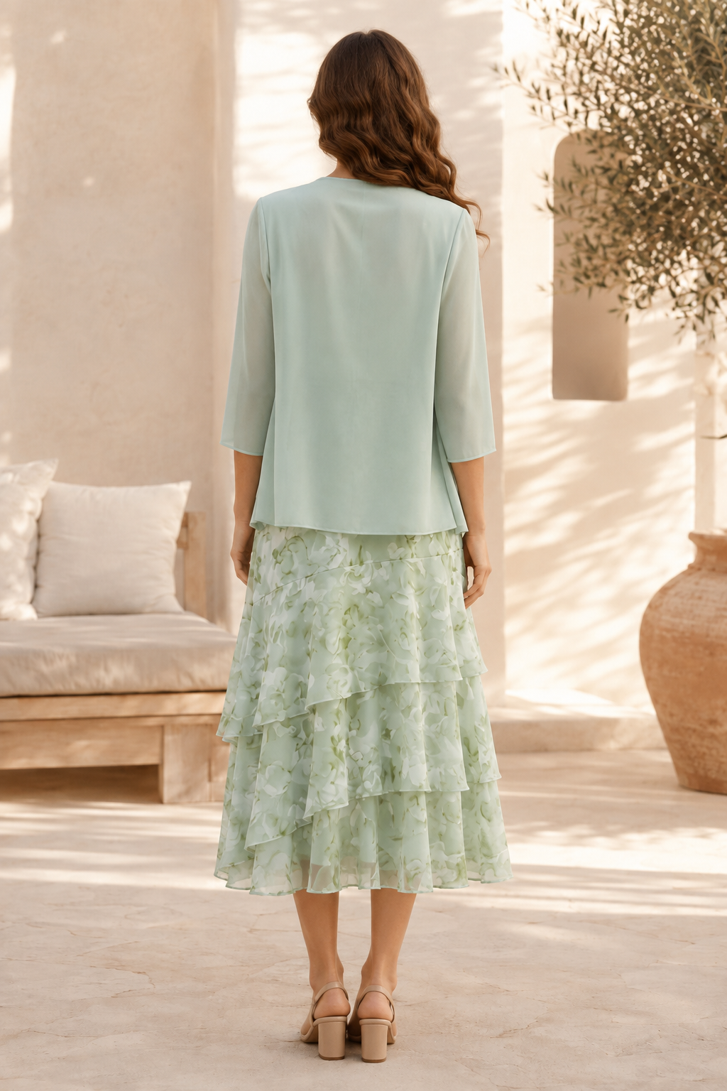 Vestido midi floral escalonado con chaqueta de manga 3/4