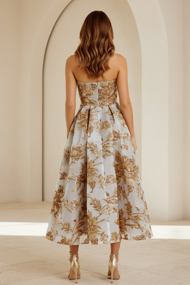 Vestido Midi A-Line sin Tirantes de Jacquard Metalizado