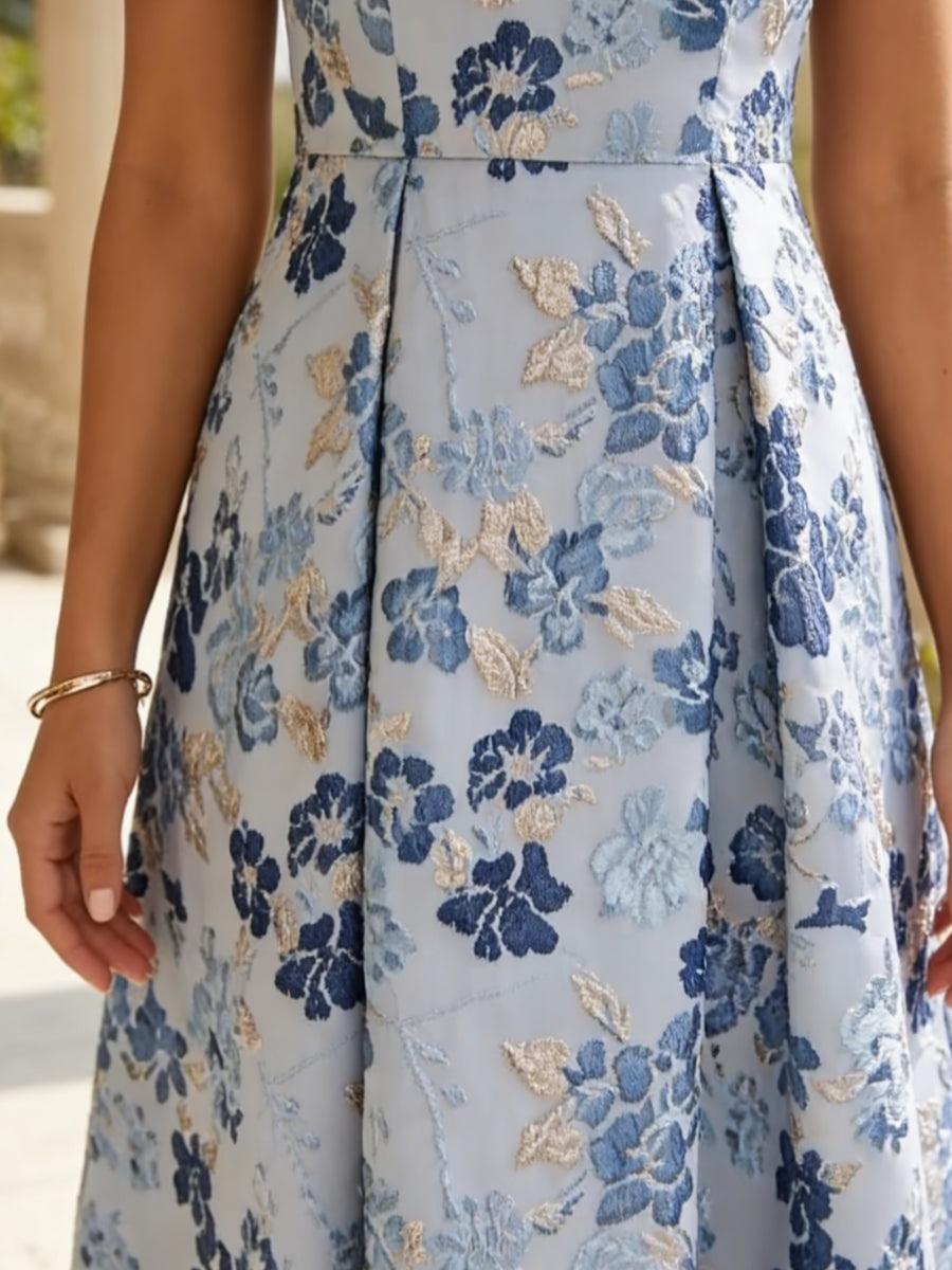 Vestido midi acampanado sin mangas de jacquard floral