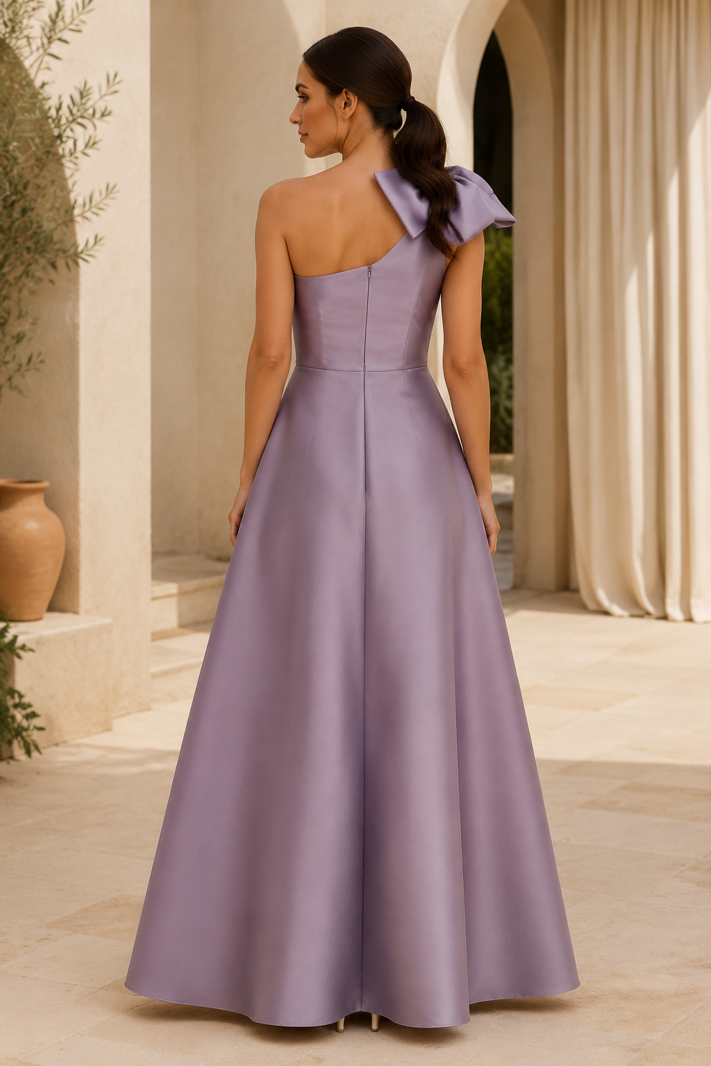 Vestido largo de satén con escote asimétrico, lazo y bolsillos