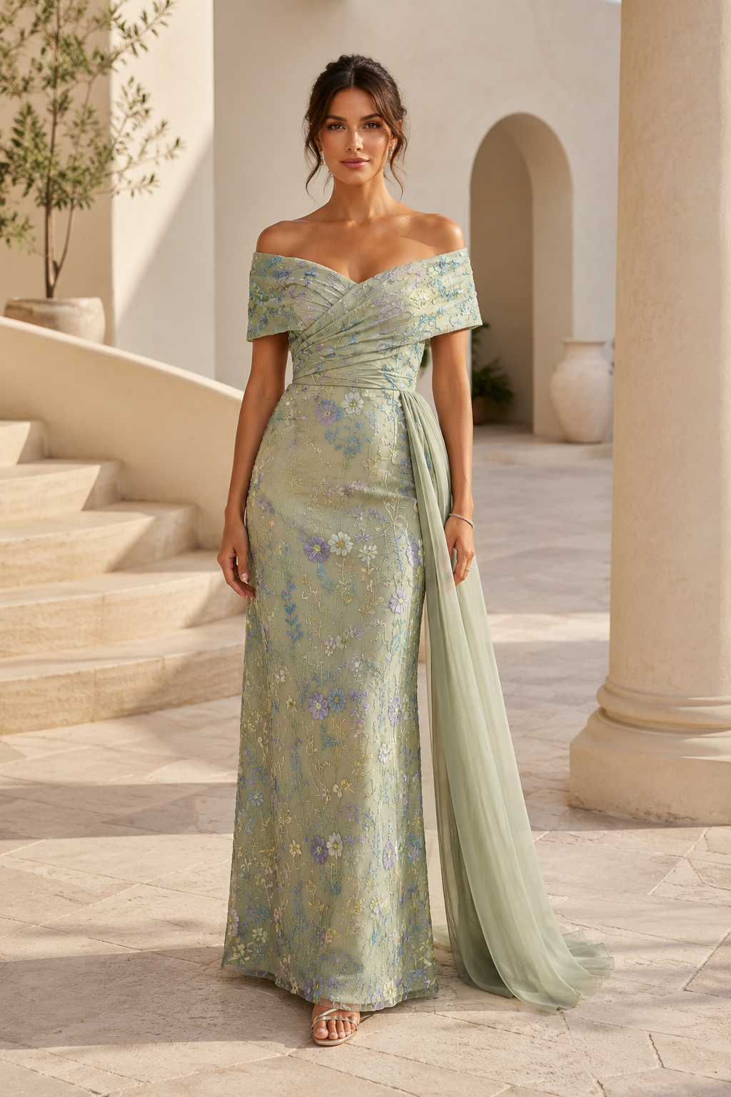 Vestido tubo de jacquard floral con hombros descubiertos y cola de gasa