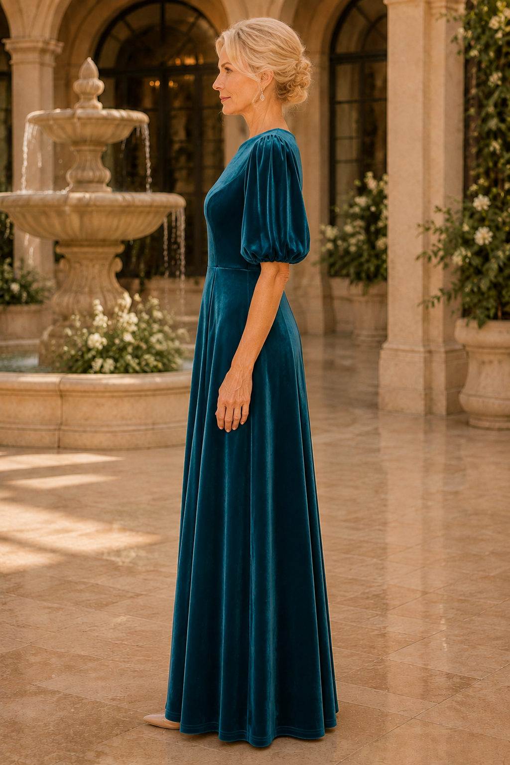 Vestido maxi de terciopelo línea A con mangas abullonadas