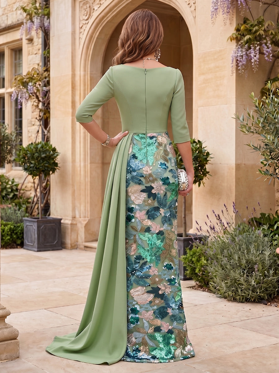 Vestido de noche con lentejuelas, bordado floral y drapeado de satén