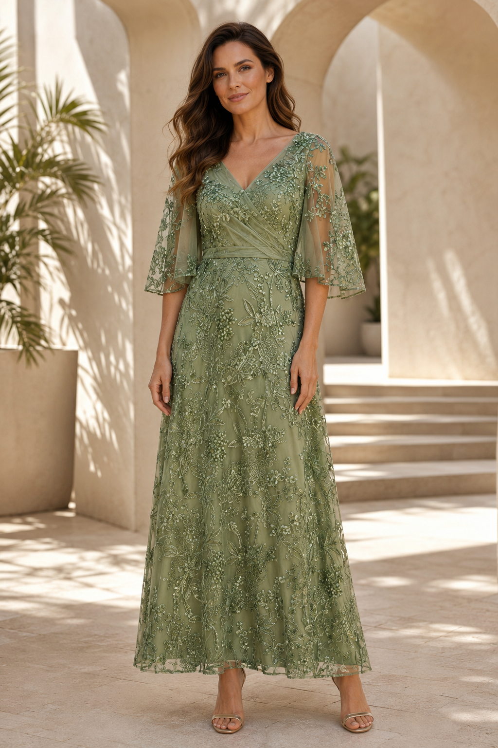 Vestido acampanado con bordados florales y mangas con volantes
