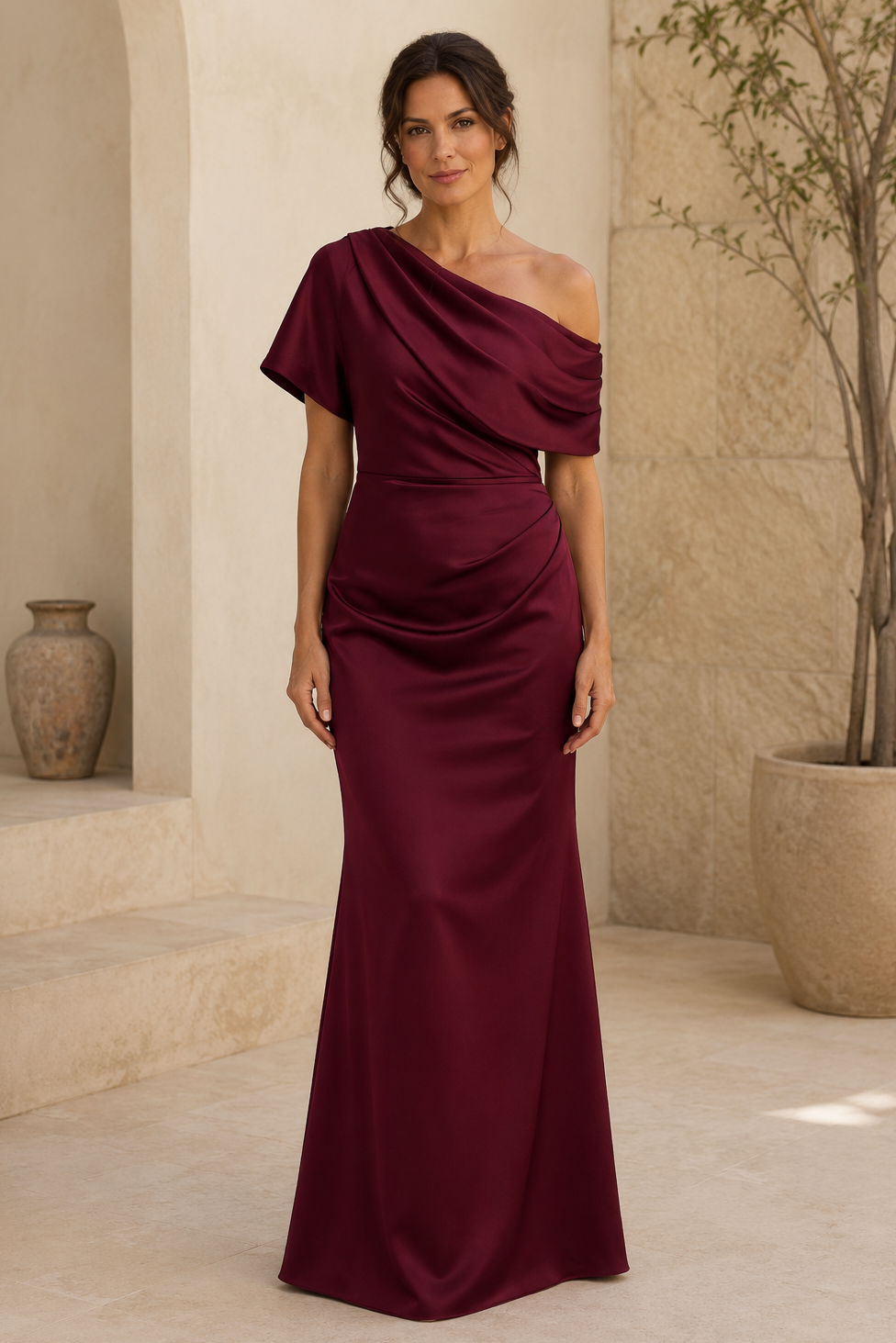 Vestido de noche de satén drapeado de un solo hombro con corte de sirena