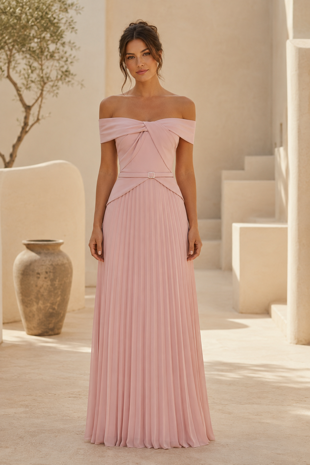 Vestido de noche plisado con corte en A y hombros descubiertos