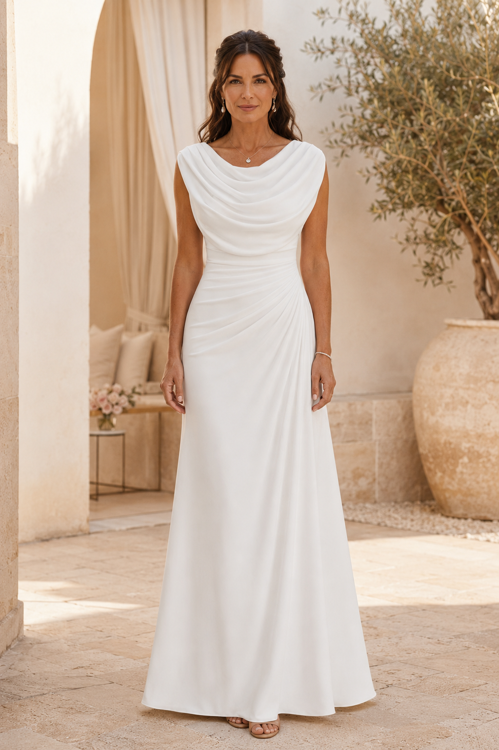 Vestido de noche largo con cuello desbocado y fruncido