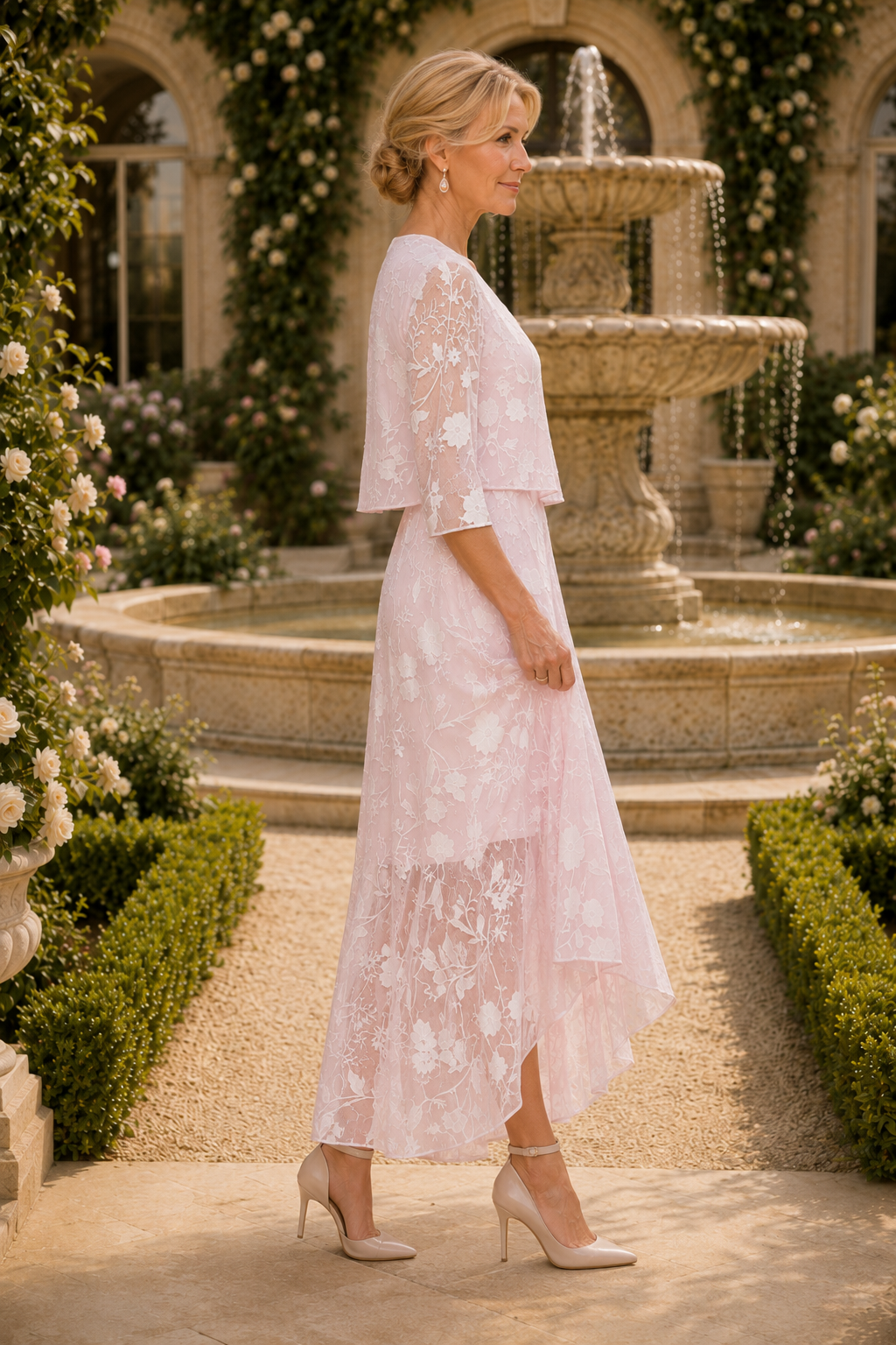 Vestido alto-bajo de encaje floral con chaqueta torera