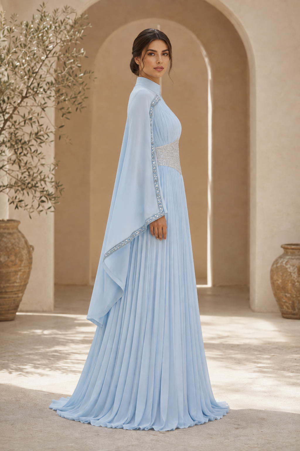 Vestido de Noche Acampanado de Gasa Plisada con Mangas Capa