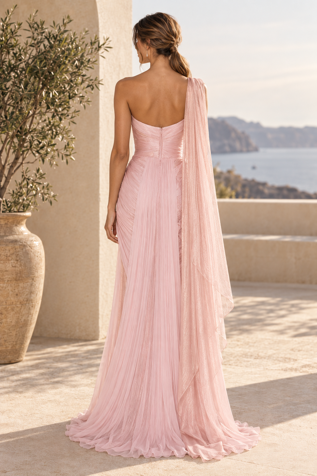 Pleated One-Shoulder Cape Evening Gown