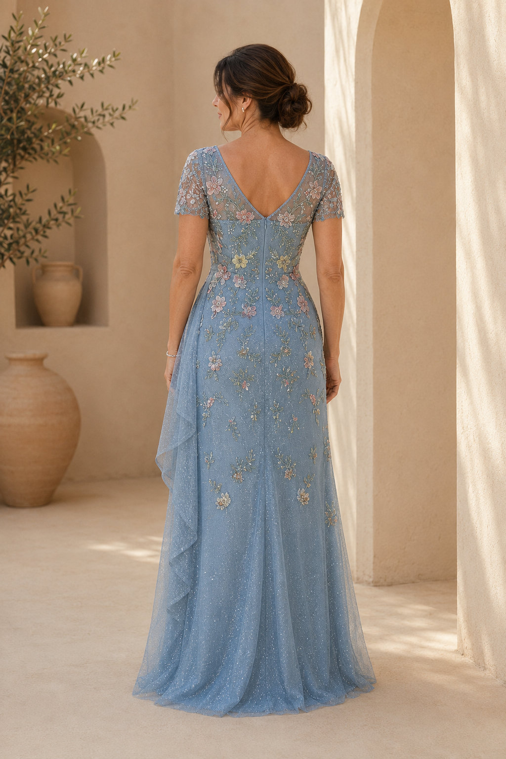 Vestido de noche acampanado bordado con flores en 3D