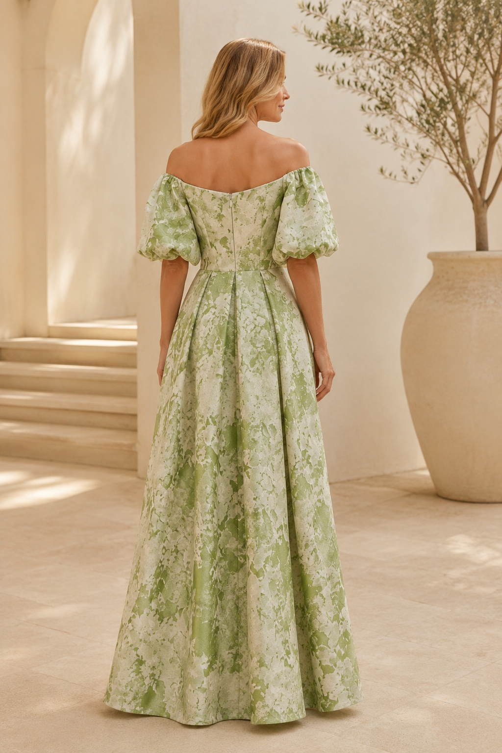 Vestido largo de jacquard floral con escote Bardot y mangas abullonadas