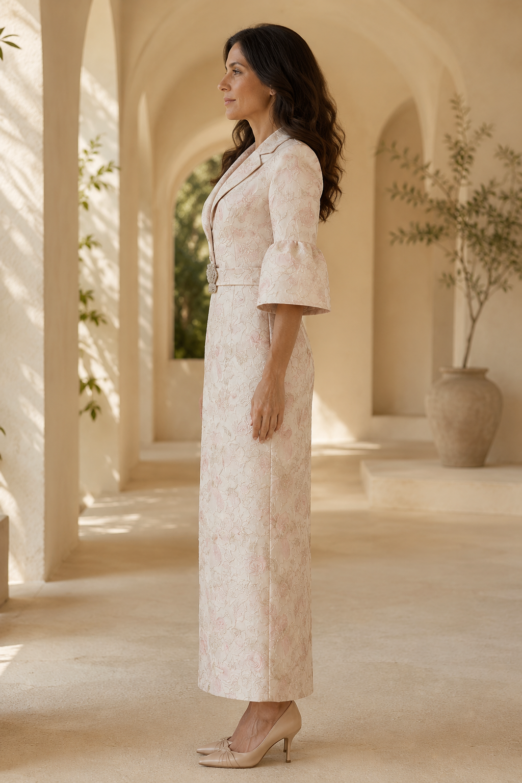 Vestido estilo blazer de jacquard floral con mangas acampanadas