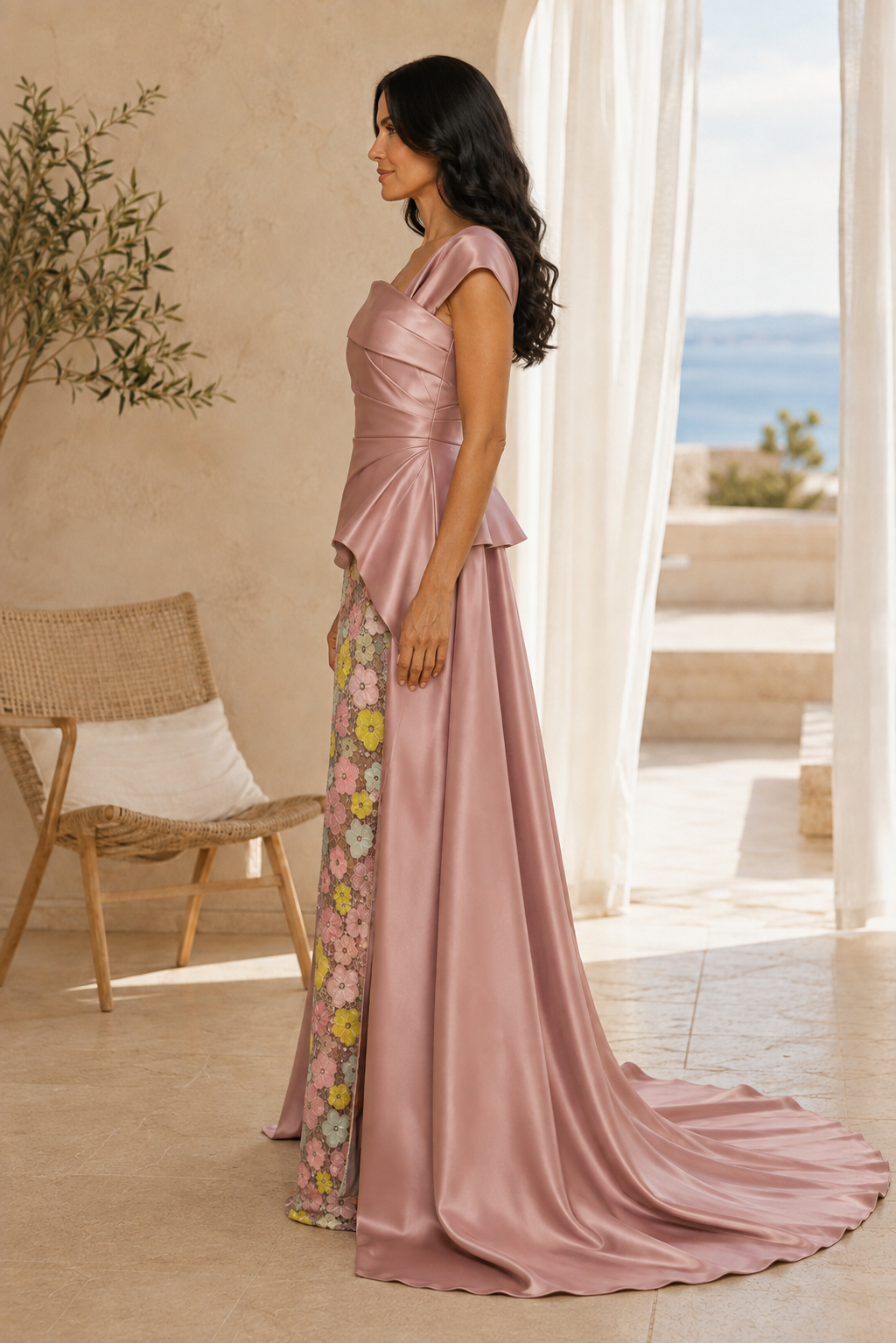 Vestido de noche con hombros descubiertos, estampado floral y lentejuelas con sobrefalda de satén