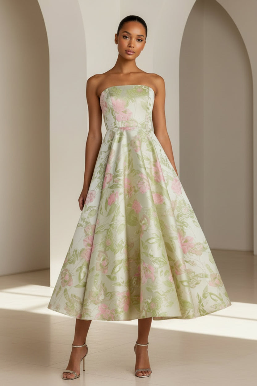 Vestido Acampanado de Jacquard Floral sin Tirantes Largo Té