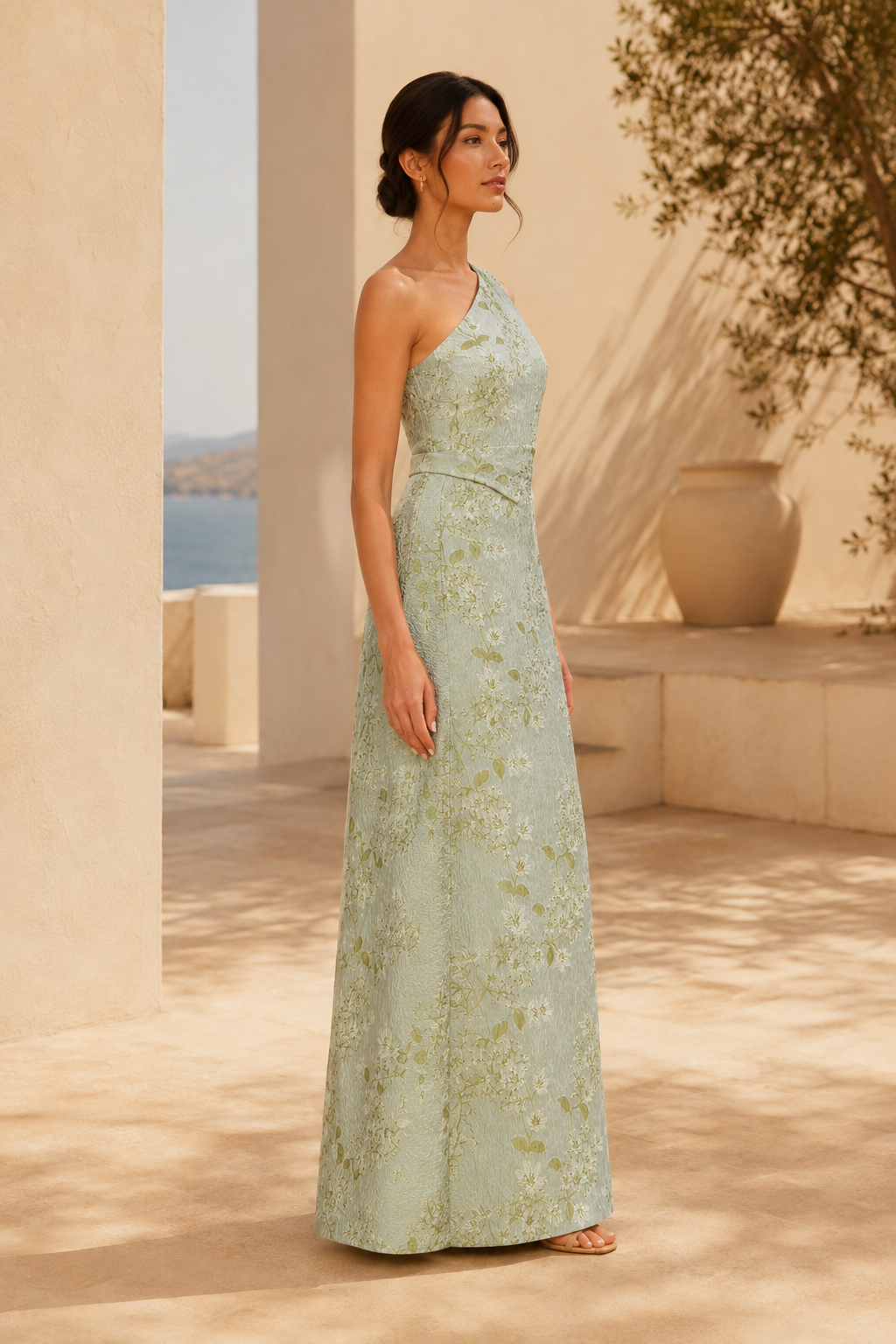 Vestido de noche acampanado de jacquard floral con un solo hombro