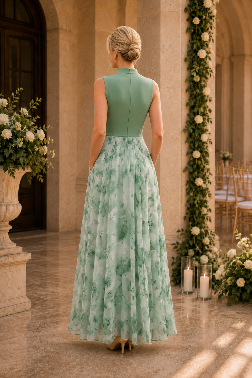 Vestido largo sin mangas con estampado floral y bolsillos