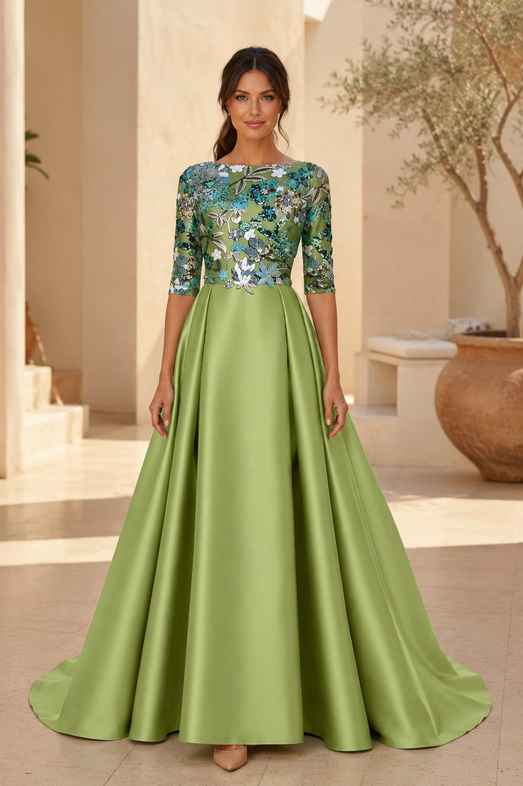Vestido de raso acampanado con bordado floral y manga tres cuartos