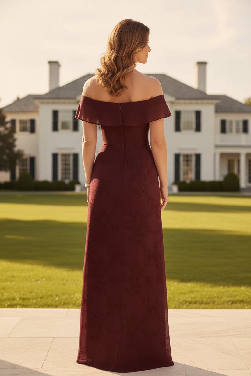 Vestido largo de jacquard con volantes y hombros descubiertos
