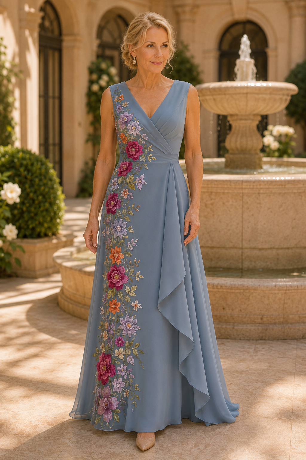 Vestido largo con cuello en V, corte A y bordado floral