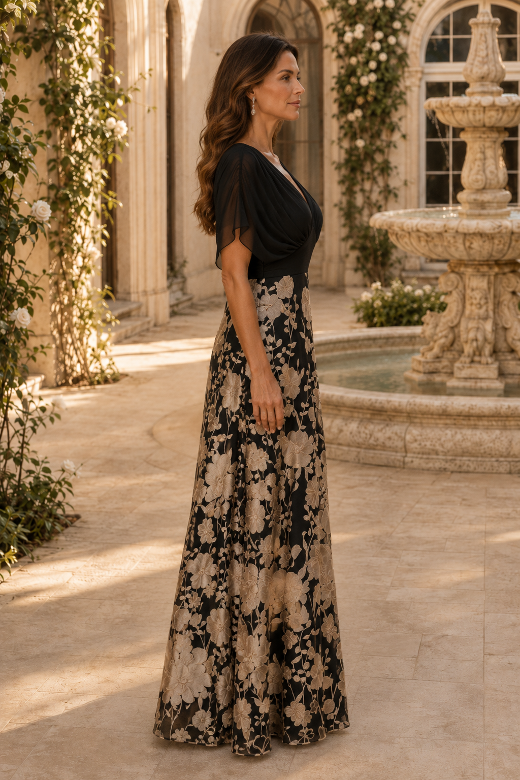 Vestido largo de corte A floral con cuello en V y manga con volantes