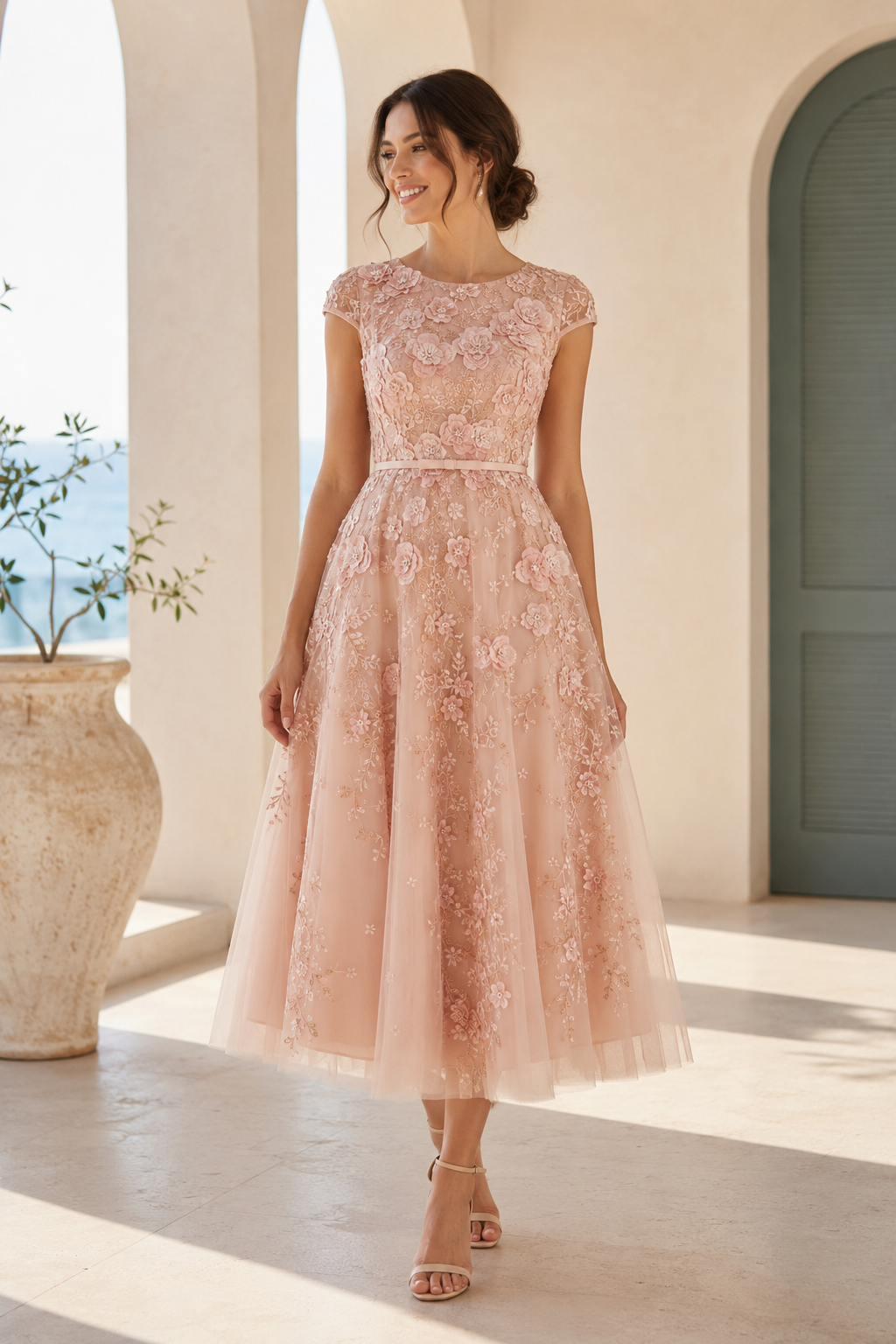 Vestido de tul hasta la rodilla con apliques florales 3D