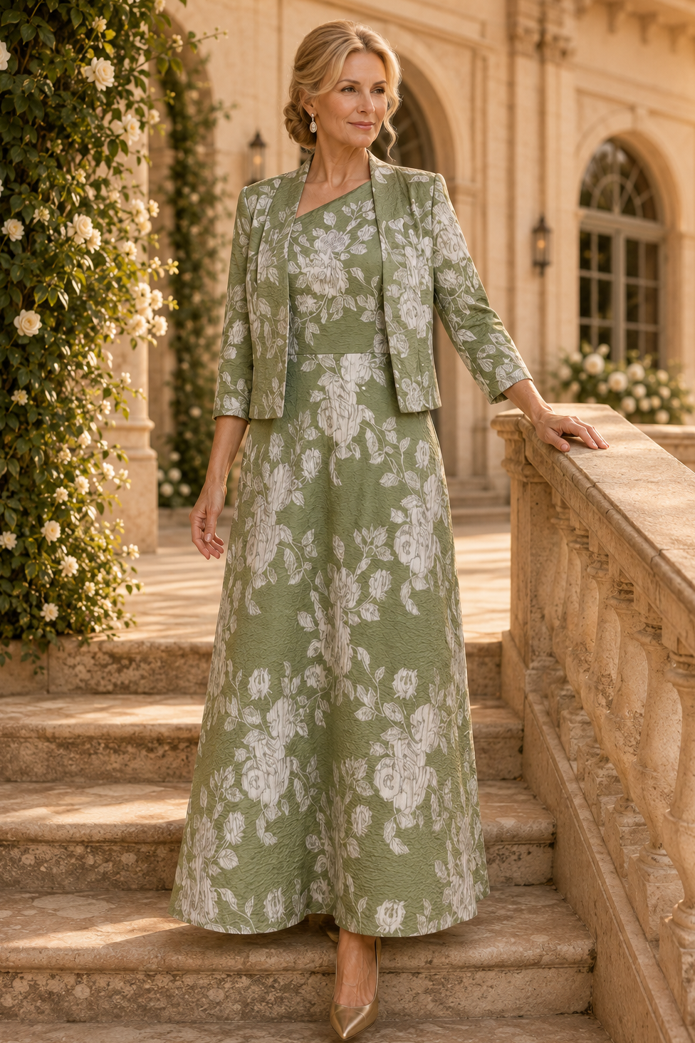 Conjunto de chaqueta y vestido largo de jacquard floral