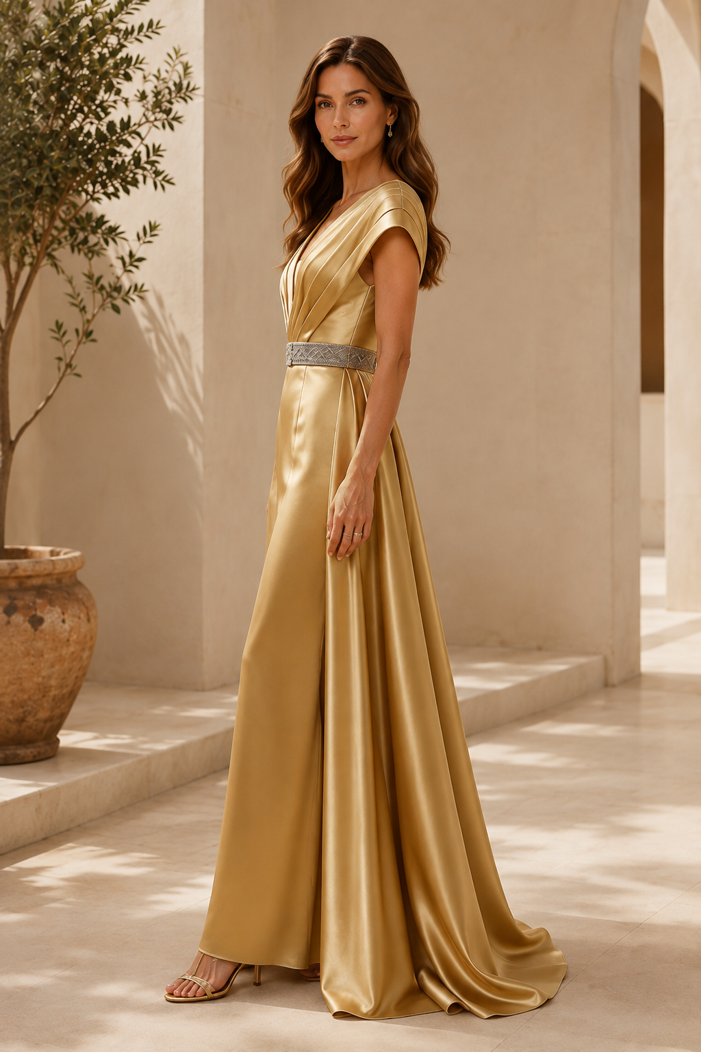 Vestido de noche de satén plisado con cinturón de cuentas