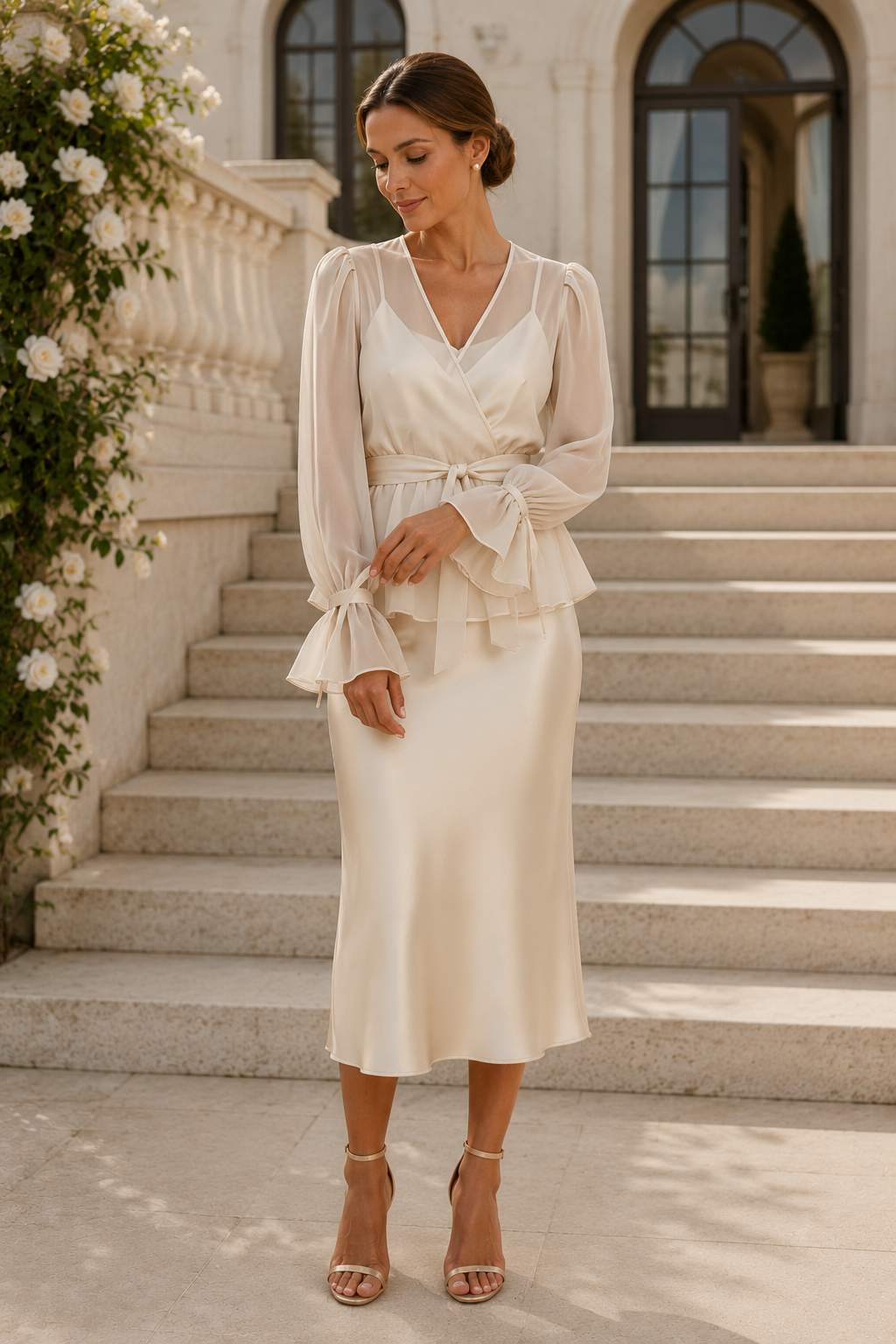 Vestido midi cruzado con peplum, mangas largas y puños acampanados