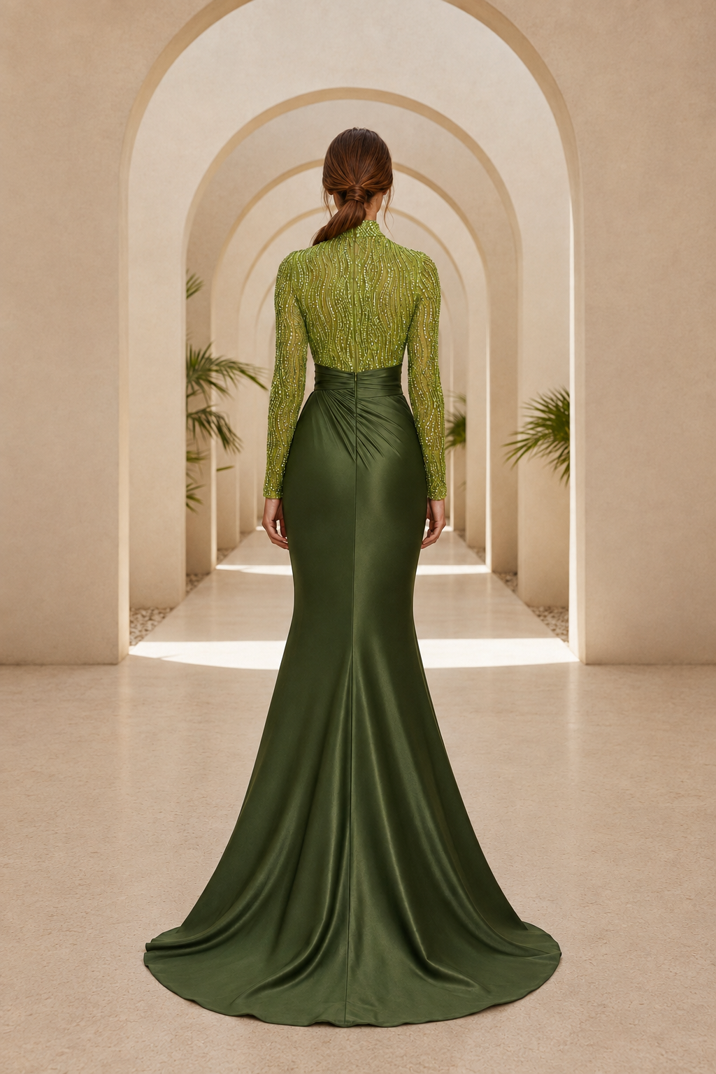 Vestido de Noche Sirena con Ilusión y Cuello Alto Adornado con Cuentas