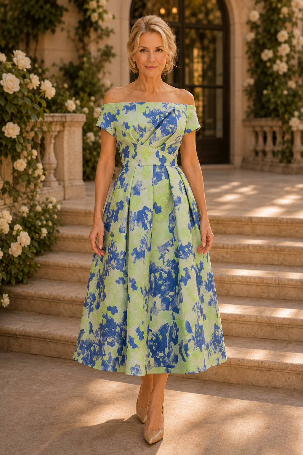 Vestido midi jacquard floral plisado con hombros descubiertos
