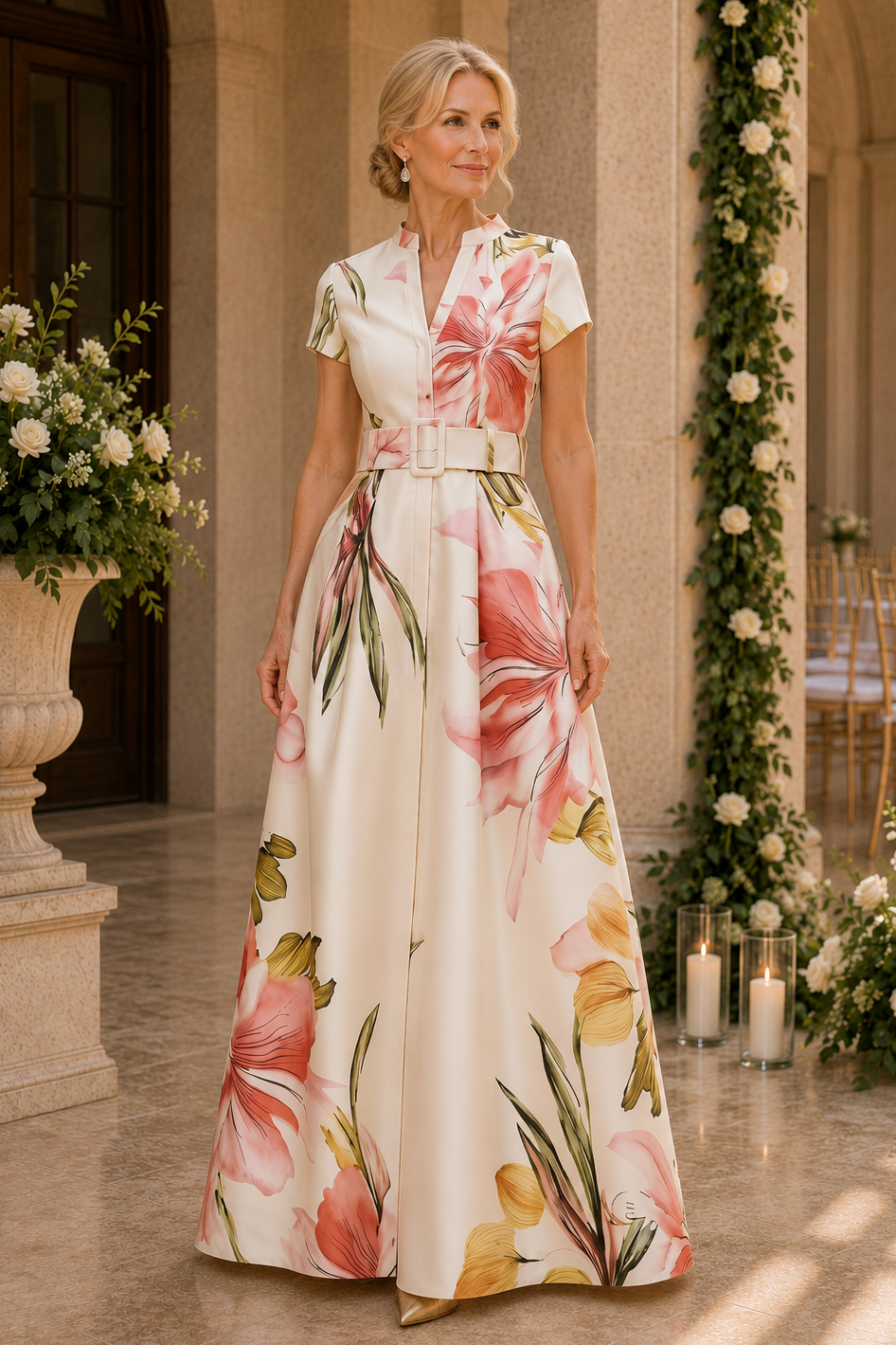 Vestido maxi acampanado con cinturón y estampado floral con mangas