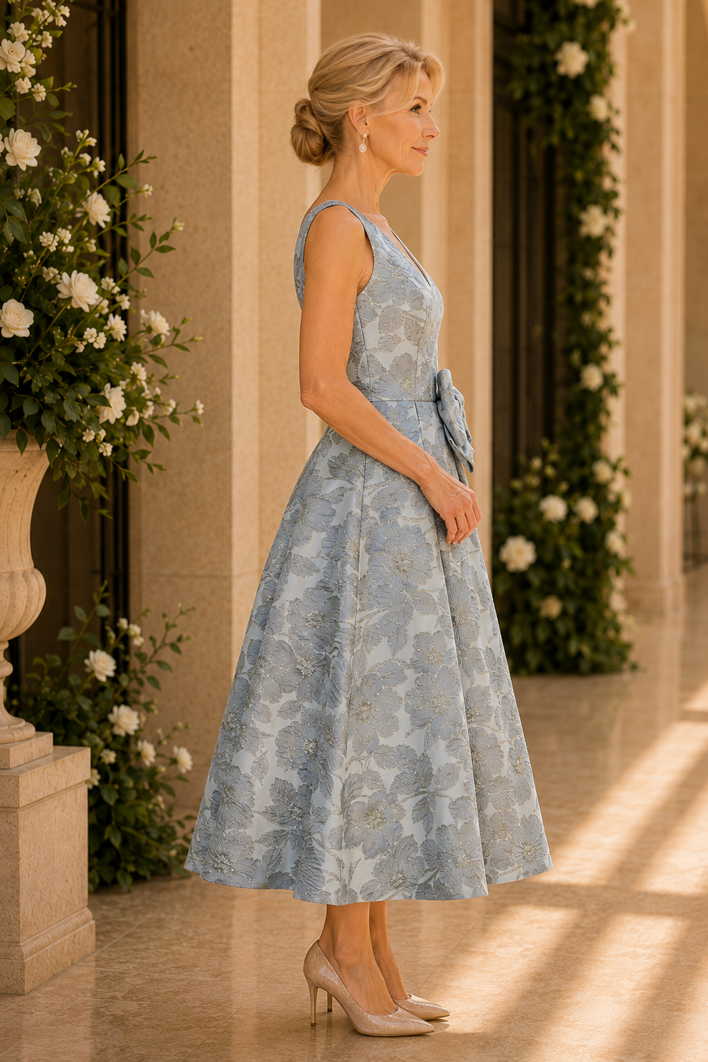 Vestido largo midi de jacquard floral con lazo